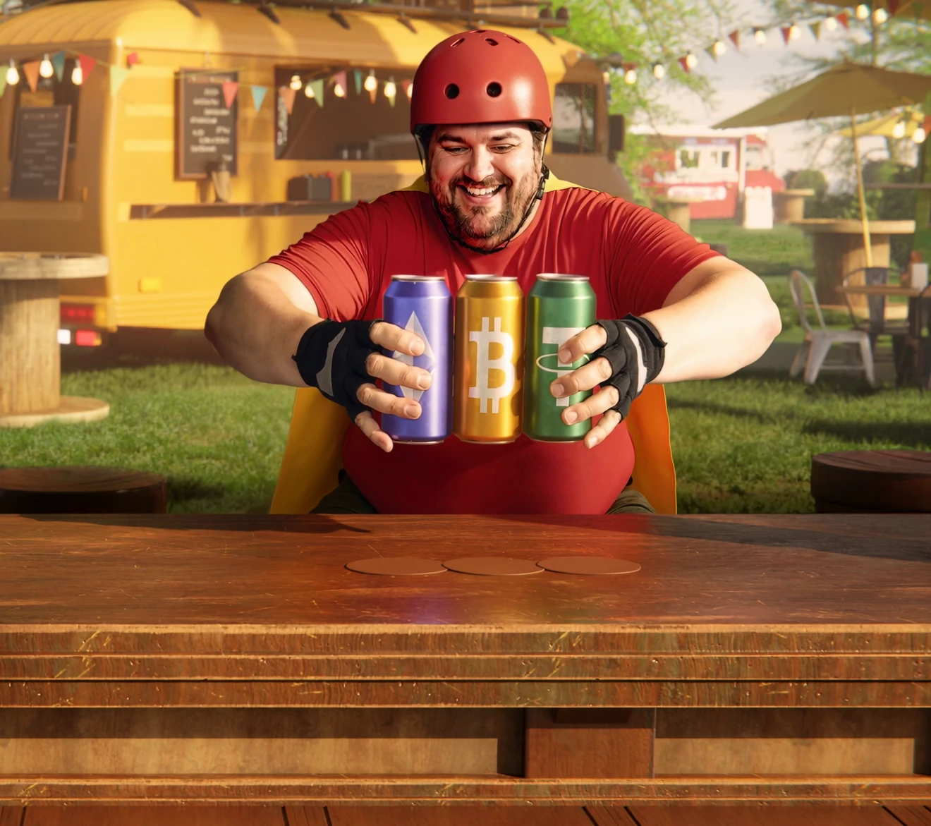 Crypto offer artwork: the hero leaning on a bar beside three drink cans printed with coin logos