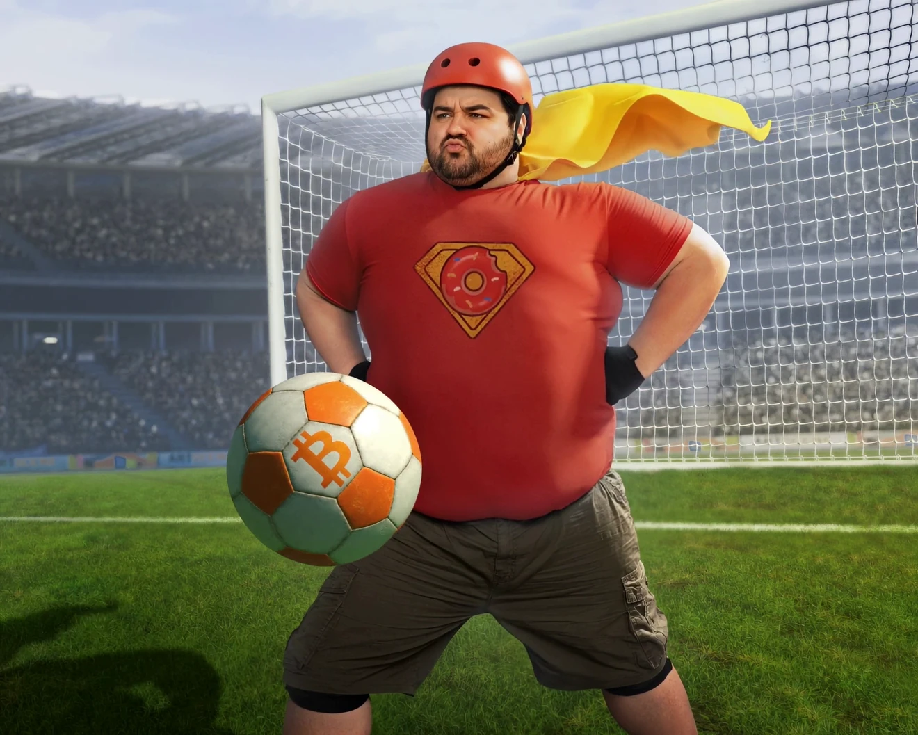 Crypto sports offer artwork: the hero lining up a ball in front of a stadium goal