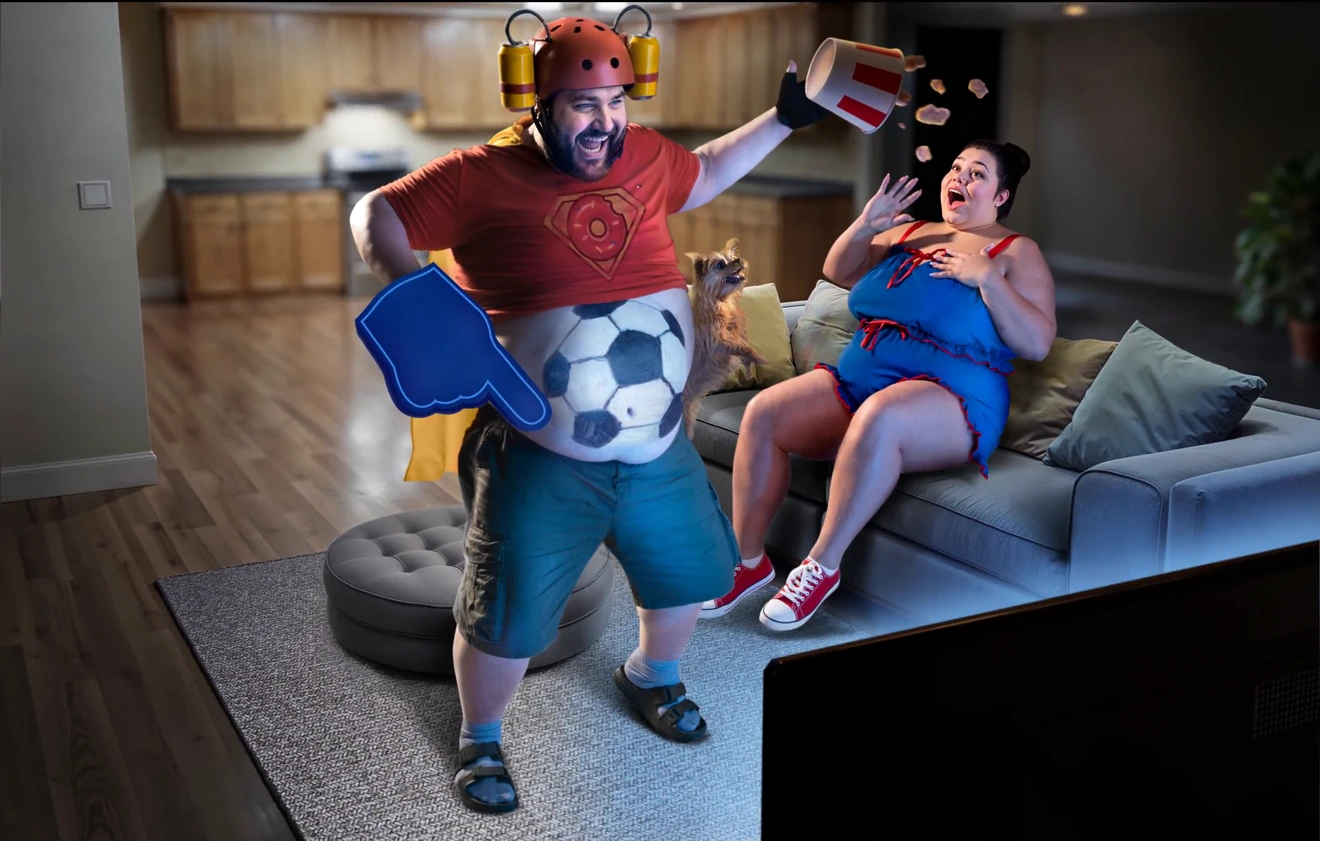 Sports offer artwork: the hero in his helmet, a foam fan hand raised and a football at his feet, facing a television